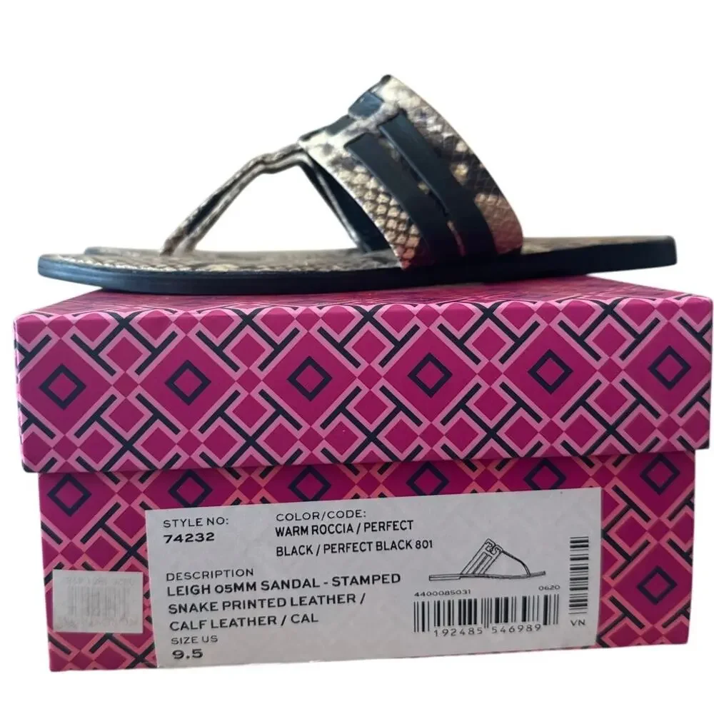 Tory Burch Leigh Thong Sandals 9.5 Roccia Snakeskin Black Logo